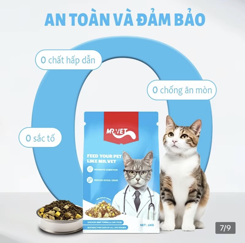 Thức ăn hạt kết hợp thịt sấy cho mèo mọi lứa tuổi MR VET 1KG - Siêu dinh dưỡng , giá rẻ